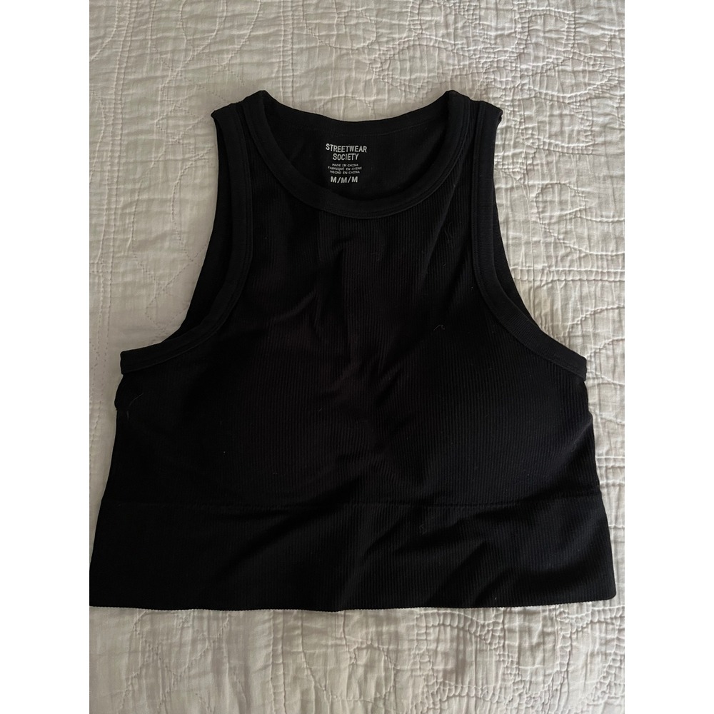 Streetwear Society Black Ribbed Knit Crop Tank Top Medium built in bra Crew Neck
